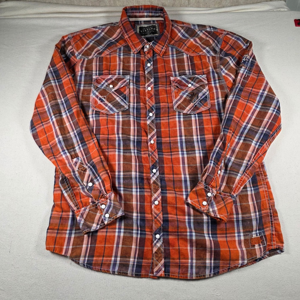 BKE Vintage 1967 Mens XL Orange Blue Plaid Pearl Snap Western Shirt V064FPW